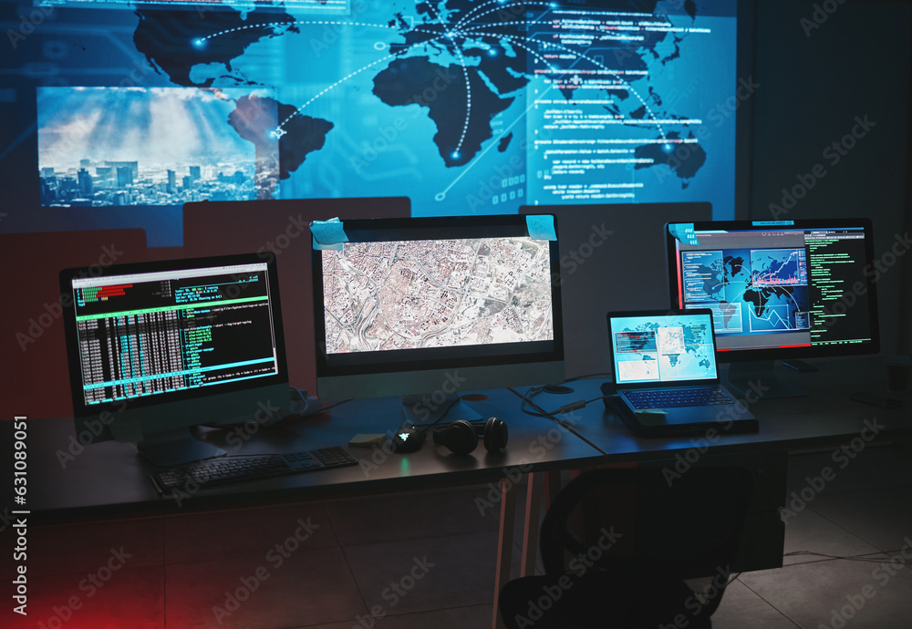 Leinwandbilder Cybersecurity, computer and global network info with map graphic for phishing and hacker data. Cyber crime, isolated and technology for firewall hacking and ransomware coding for system algorithm