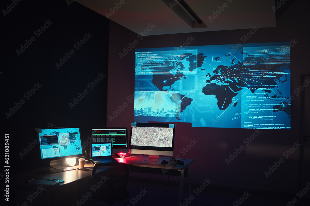 Fototapete Dark, empty office and computer for global research or monitor of a system. Closeup, technology abstract and a pc at night at company for programming, cloud computing or data science for the world
