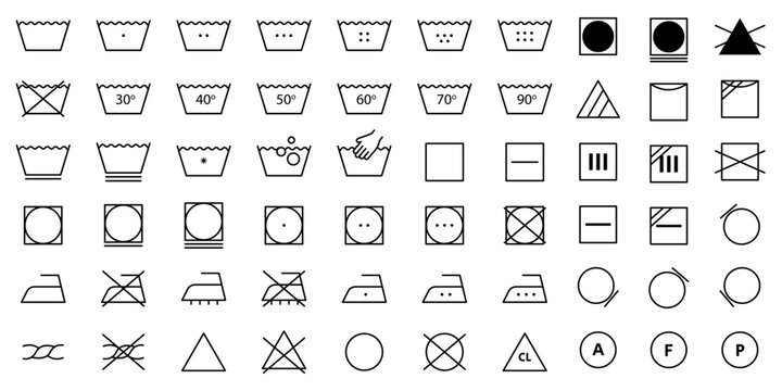 Laundry Vector Icons set. Washing symbols. Care clothes instructions on labels, machine or hand washing signs.
