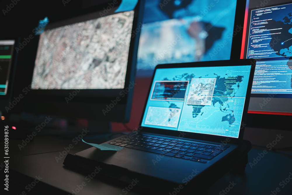 Aufkleber Laptop screen, cybersecurity and technology background for night surveillance, data protection or worldwide coding. Gdpr, satellite hacking and software development on computer monitor and global map