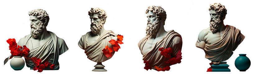 Stoic Philosopher Greek Roman Statues and Pots with Autumn Leaves and Flowers, Modern Renaissance Digital Concept Render Isolated Template