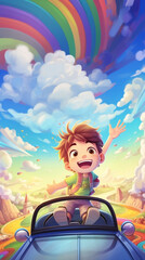 Obraz na płótnie Canvas colorful rainbow cartoon game background, a cheerful boy his hands in the air driving car on a rainbow road, middle of clouds, Big blue sky. clouds, colorful, bright colors 