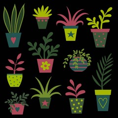 Selection of indoor houseplants in decorative pots on a black background, created with a simple green and pink colour palette and a square composition.