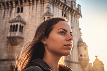 Gaze into Elegance: Young Hispanic Woman's Enigmatic Profile Portrait with Unfocused Belem Tower in Portugal - A Serene Mediterranean Escape