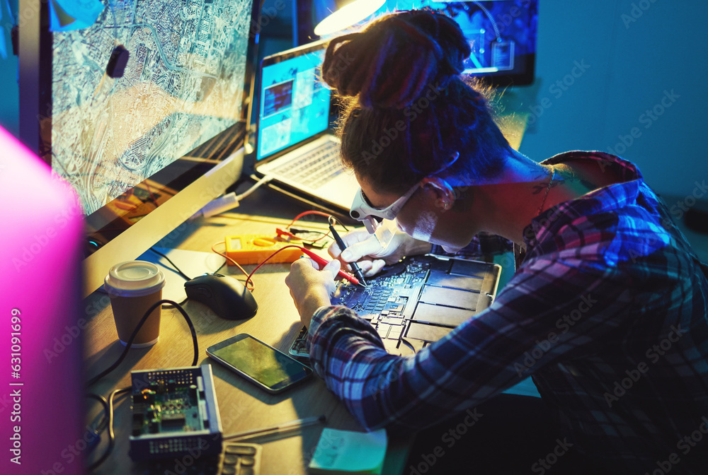 Leinwandbilder woman, electronics technician and motherboard with soldering iron for microchip repair. information 