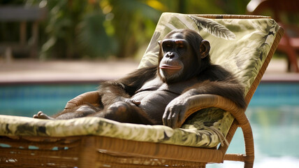 chimpanzee relaxing on a sun lounger near a pool