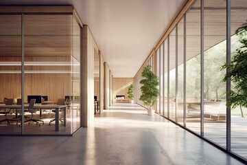 Interior of modern office waiting room Contemporary meeting room with white walls, concrete floor, long wooden table with beige chairs and panoramic windows