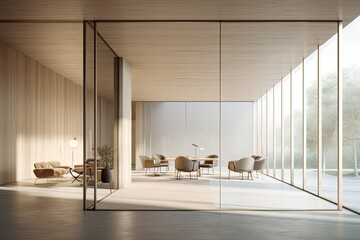 Interior of modern office waiting room Contemporary meeting room with white walls, concrete floor, long wooden table with beige chairs and panoramic windows