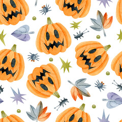 Halloween orange pumpkins Jack O'Lantern, autumn leaves and spiders watercolor seamless pattern	