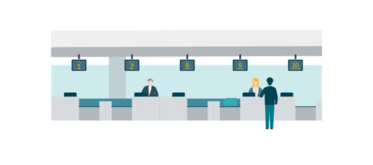 Extended panoramic view of the check in desks inside an airport with employees and man delivering his luggage. Colorful flat style detailed vector illustration.