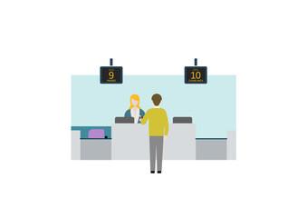Rear, back view of a man giving his passport to a woman in the check in desks of an airport with his suitcase, trolley bag. Boarding counter. Colorful flat style vector illustration.