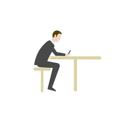 Profile, side view of a man character wearing suit sitting leaning on a table waiting while he is looking his smartphone. Colorful flat style vector illustration isolated on white background.