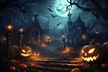 Halloween background with pumpkins, bats, castle and full moon