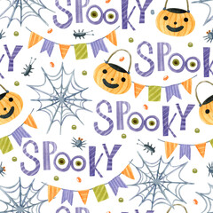Spooky Halloween watercolor seamless pattern with pumpkin bags and sweets