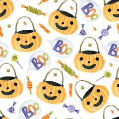 Trick-or-treat bag and candies watercolor Halloween seamless pattern