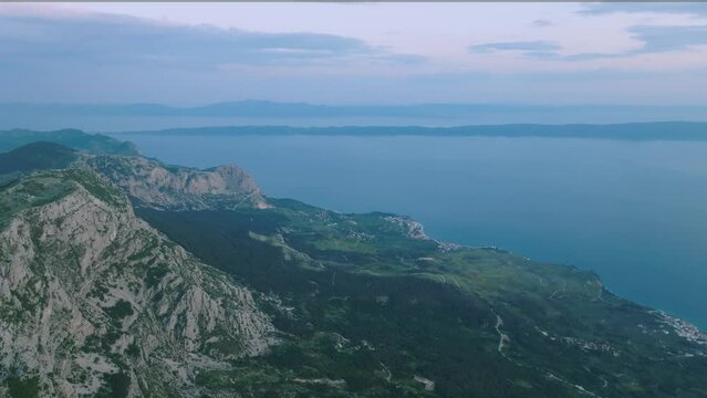 Biokovo mountain range located along the Dalmatian coast of the Adriatic Sea at sunset, Croatia, Europe