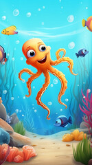 Fototapeta na wymiar Underwater cartoon illustration, undersea game background with marine life. cute octopus, fish, coral