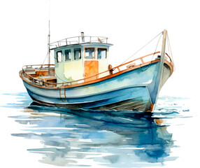 Watercolor hand drawn illustration background, barkas or lanch, blue boat in the sea, swings on waves, isolated background. Applicable for cards, surface design, packaging.