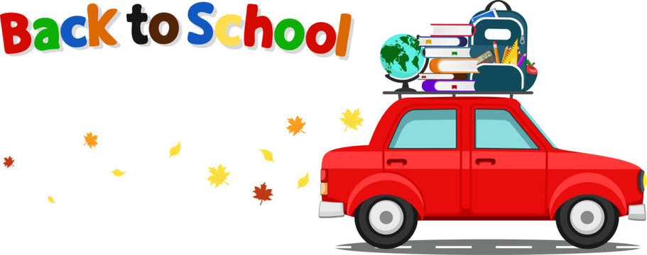 Car with a school bag and books go to school, on a white background. Back to school