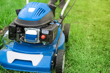 Fototapeta premium Lawn mower cutting grass. Small grass cuttings fly out of lawnmower. Grass clippings get spewed out of a mower pushed around by landscaper. CloseUp. Gardener working with mower machine. Mowing lawns
