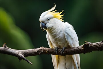Cacatua galerita - Sulphur-crested Cockatoo sitting on the branch in Australia. Big white and yellow cockatoo with green background. - obrazy, fototapety, plakaty