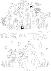 Obraz premium Black outline Halloween haunted house and pumpkin houses with lettering for coloring page