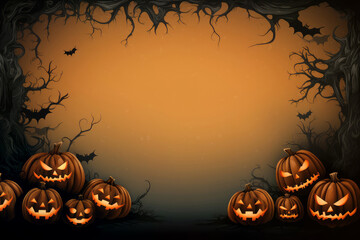Halloween background with pumpkins, bats and tree.