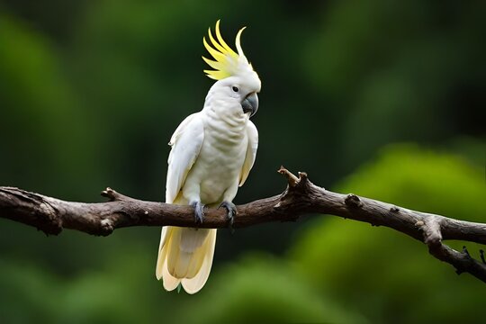 Cacatua galerita - Sulphur-crested Cockatoo sitting on the branch in Australia. Big white and yellow cockatoo with green background.