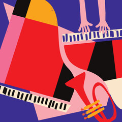 Modern music poster with abstract and minimalistic musical instruments assembled from colorful geometric forms and shapes. Vibrant musical collage with trumpet and piano