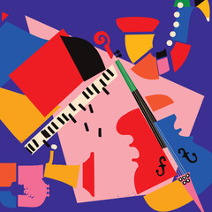 Modern music poster with abstract and minimalistic musical instruments assembled from colorful geometric forms and shapes. Vibrant musical collage with violoncello, saxophone, trumpet and piano - 631096812