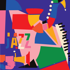 Modern jazz music poster with abstract and minimalistic musical instruments assembled from colorful geometric forms and shapes. Vibrant musical collage with trumpet, saxophone and piano