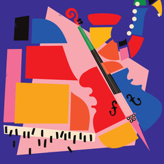 Modern music poster with abstract and minimalistic musical instruments assembled from colorful geometric forms and shapes. Vibrant musical collage with violoncello, saxophone and piano - 631096841