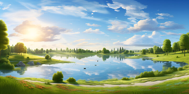 Beautiful landscape with trees and scenic lake under sunlight and clear sky HD walpaper.