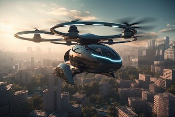 Autonomous aerial driverless future fly across modern city. Generative AI.