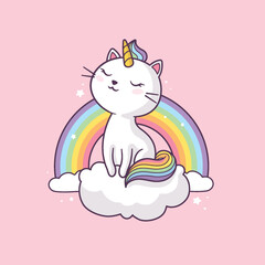 Cute cat unicorn character with clouds and rainbow vector cartoon illustration