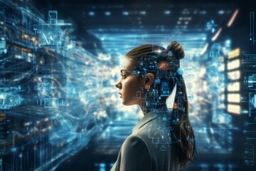 Photo of a futuristic woman with a technologically enhanced interface created with Generative AI technology