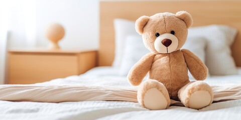 A cute teddy bear graces a serene bedroom adorned with soft, comforting sheets.