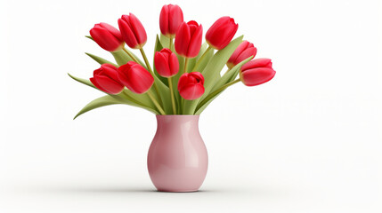 A vibrant pink vase overflowing with a stunning arrangement of red flowers