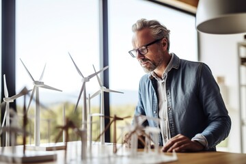 An architect works in his office next to models of a wind farm. - obrazy, fototapety, plakaty