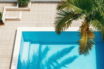 Fototapeta na wymiar Aerial view of a swimming pool shaded by a palm tree.