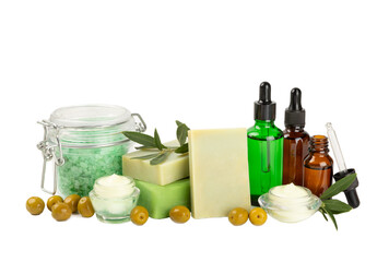 Spa olive. Composition with jar of natural olive cream, essential oils, sea salt and natural handmade soap with olive and olive sprigs on isolated on white background. Beauty and relax concept.