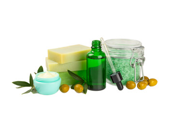 Spa olive. Composition with jar of natural olive cream, essential oils, sea salt and natural handmade soap with olive and olive sprigs on isolated on white background. Beauty and relax concept.