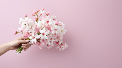 A person holding a bouquet of flowers on a pink background