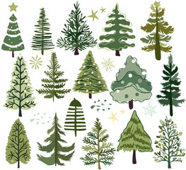 Hand-drawn vector collection of Christmas trees, adorned with festive ornaments, stars, snowflakes. Holiday poster featuring Christmas symbols. Perfect for web, banner, card. Vector.