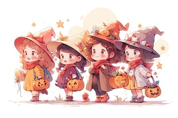 Naklejka premium little children having fun on Halloween trick or treat on white background