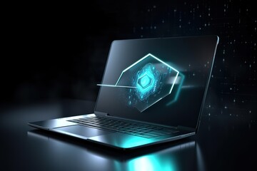 cyber cube with blue particles and connecting lines inside a laptop with black background