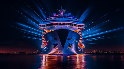 Fototapeta premium Bateau de croisière faisant escale la nuit - Ferry accostant au port après la traversée - Générative ia