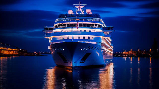 Bateau de croisi&egrave;re faisant escale la nuit  - Ferry accostant au port apr&egrave;s la travers&eacute;e - G&eacute;n&eacute;rative ia