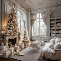 White decorated christmas room with two christmas trees, chimney, a lot of presents in country house. made with generative ai
