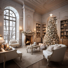 Fototapeta na wymiar White decorated christmas room with two christmas trees, chimney, a lot of presents in country house. made with generative ai